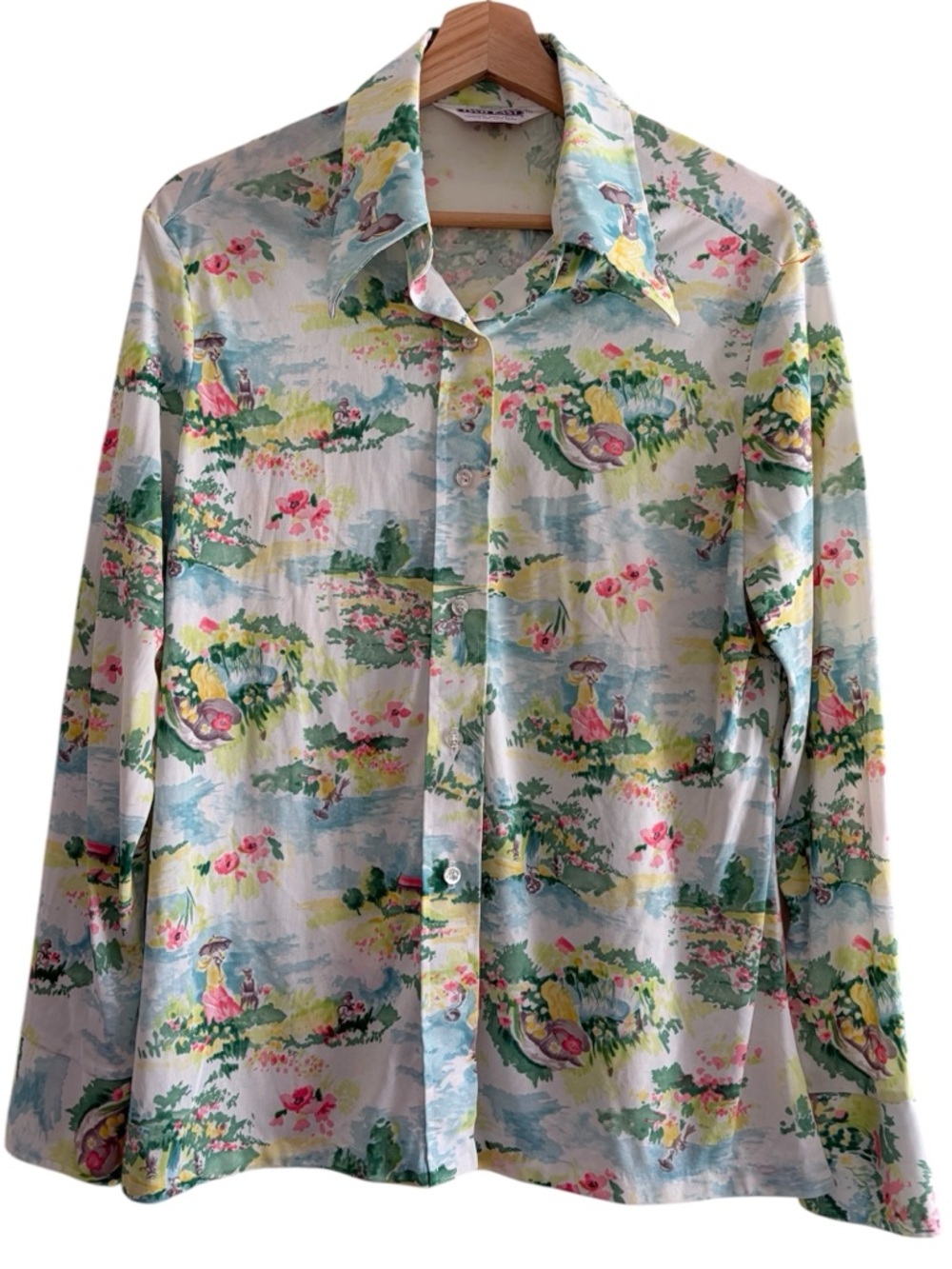 Vintage Two East 1970s Blouse Pastoral Scene Boho Hippie Disco Wide Collar 17/18